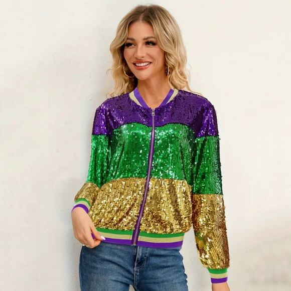 NEW Sequin Bomber Jacket M Mardi Gras New Orleans Purple Green Gold Glitter Rave - Picture 1 of 7